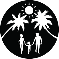 the logo for Abrams Dermatology clinic in Sarasota showing a circle with two palm trees and a sun over a family with a mother, father, and child